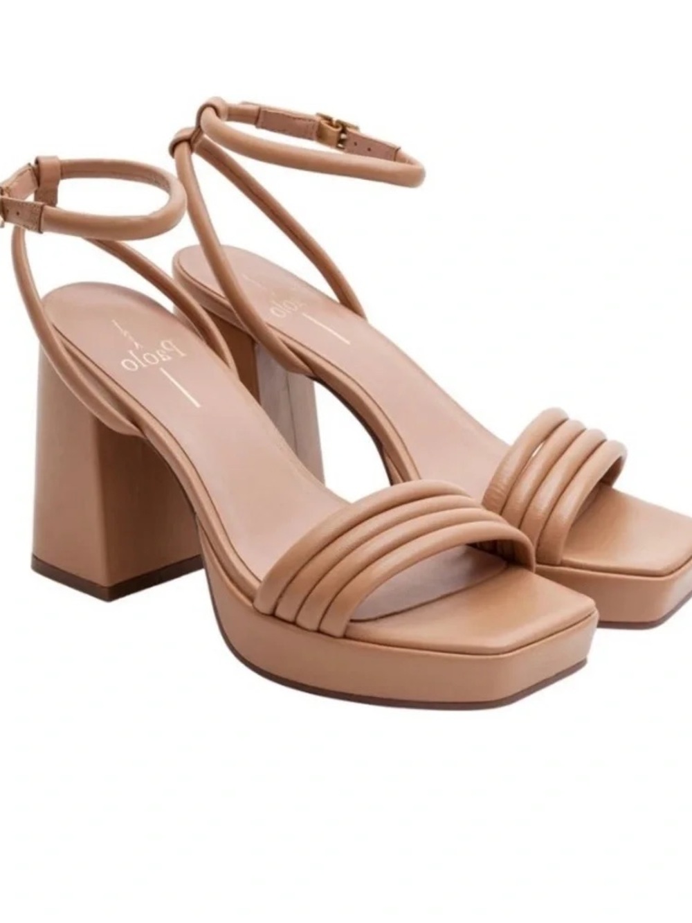 Linea Paolo Tan Strappy Block Heel Sandals made Napa leather in color Desert san
